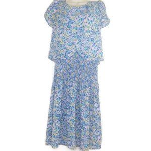 Vintage 70's JT Petites Blue Floral Smocked Drop Waist Midi Dress